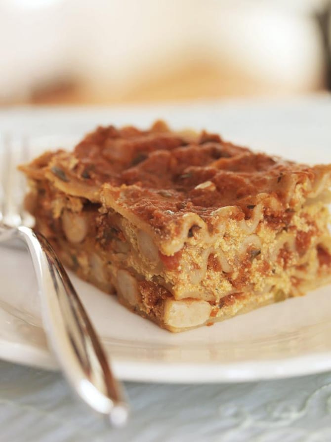 Vegan Slow Cooker Pumpkin Lasagna Vegan Slow Cooker Pumpkin Lasagna slice on a white plate on a white tablecloth