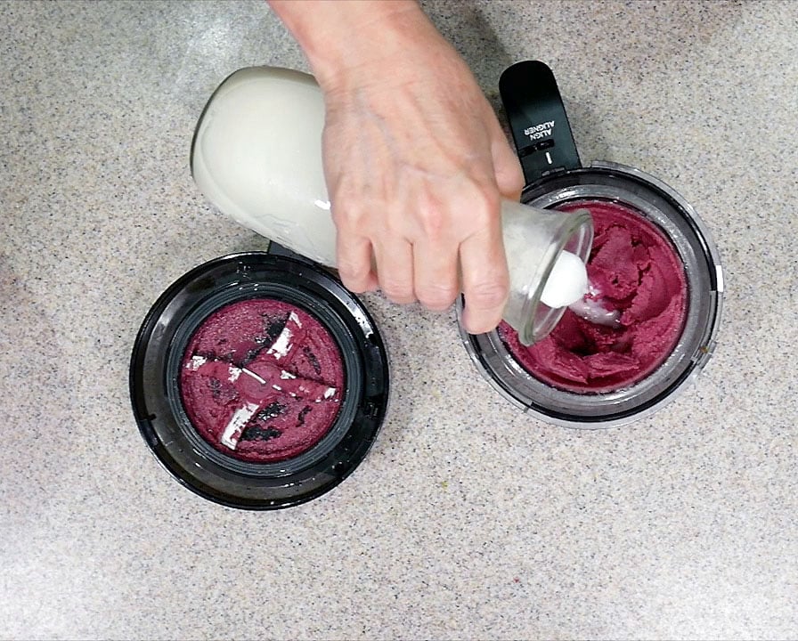 Adding non-dairy milk to cherry ice cream before a respin.