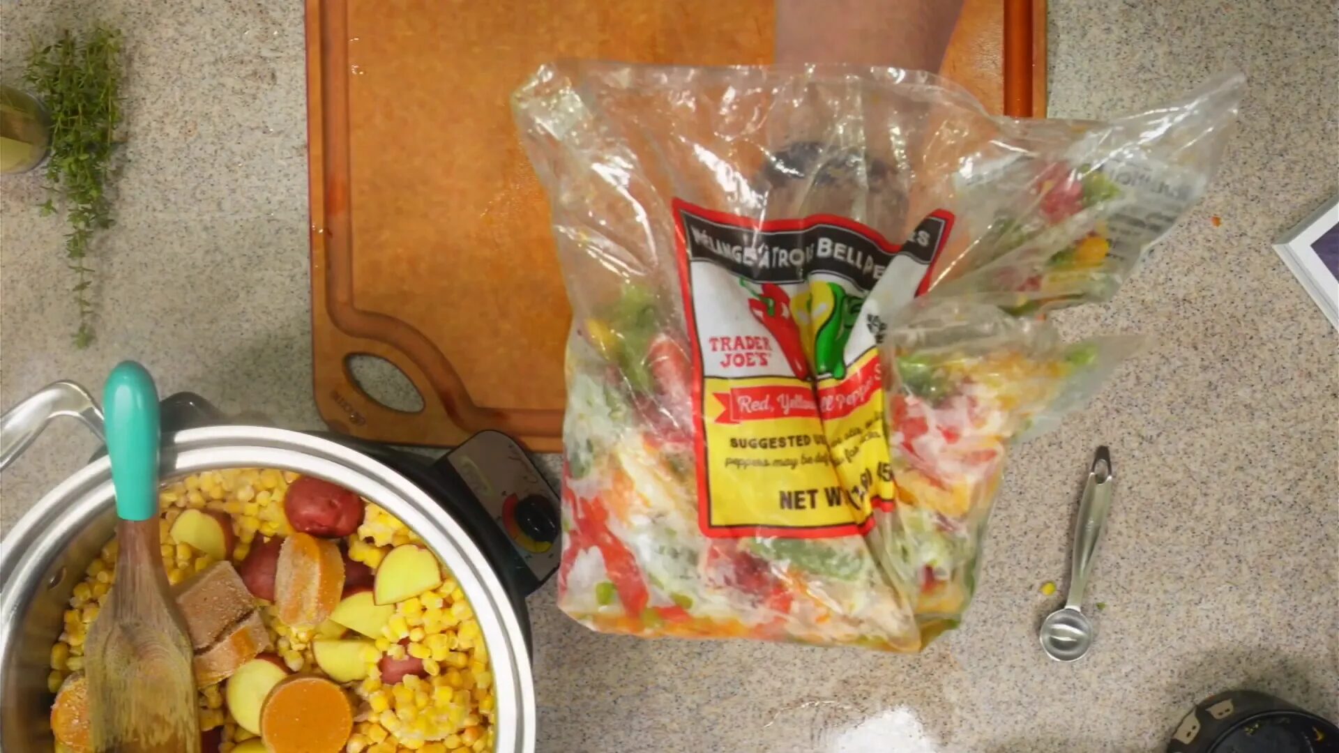Adding frozen tricolor peppers