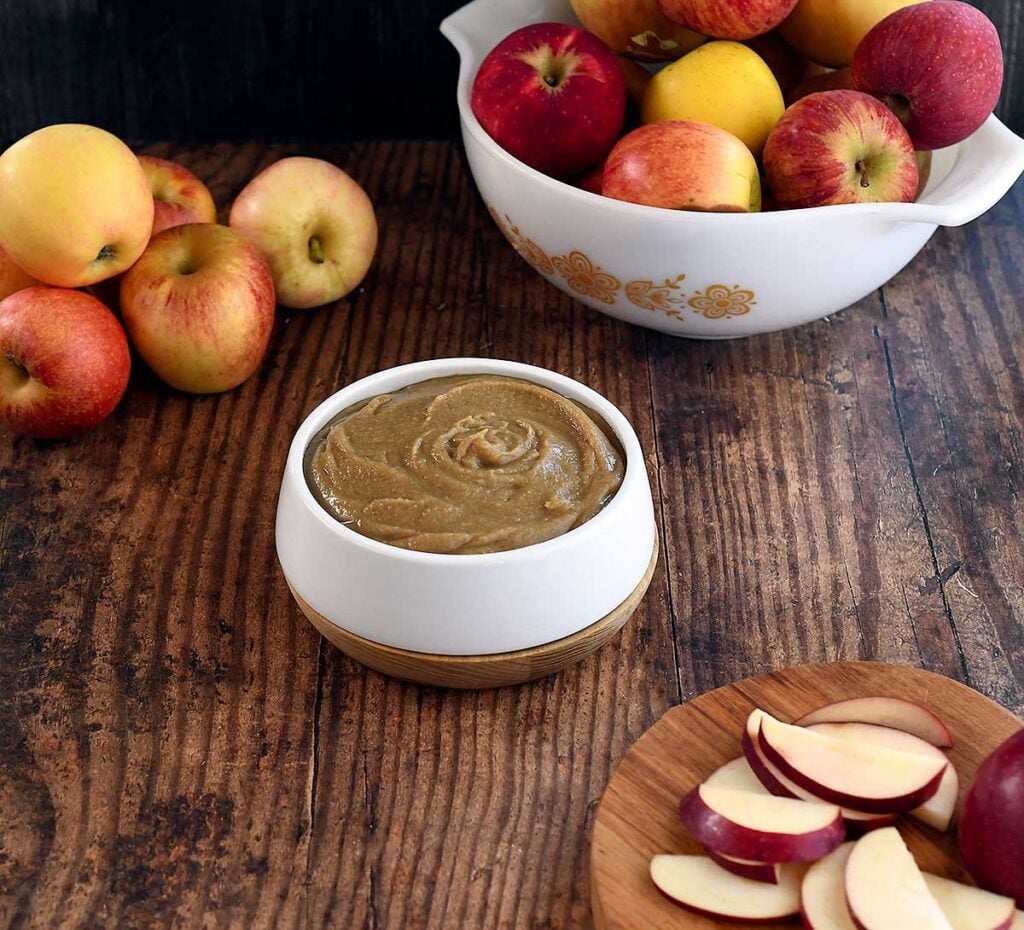 Caramel dessert hummus with apples for dipping.