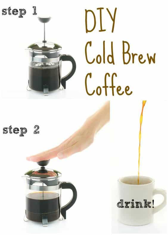 Step by step photos of brewing cold brew coffee in a French press
