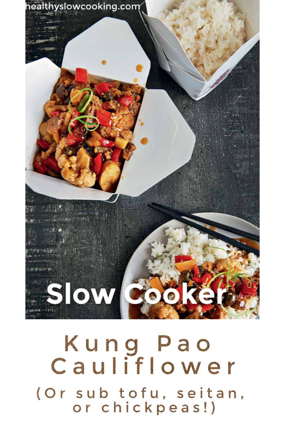 An enlarged version of the Slow Cooker Kung Pao Cauliflower served on top of a plate of white rice with chopsticks and a box of the dish on the side placed on gray matte linen