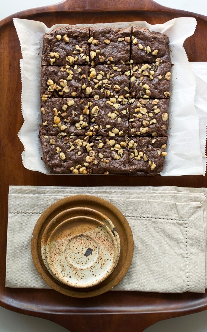 Gluten Free Vegan Teff Brownies Gluten Free Vegan Teff Brownies cut on a teak tray