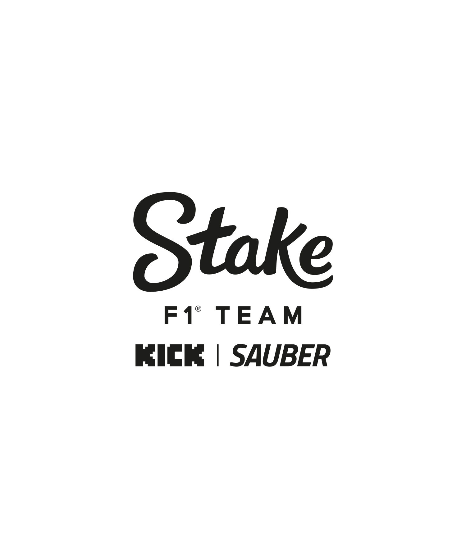 Black Stake F1 logo featuring the word 'Stake' in a bold, stylised script with smooth curves and flowing lines. Below this are ‘Kick’ and ‘Sauber’ logos. The minimalist design emphasises the brand's modern, dynamic presence in Formula 1.