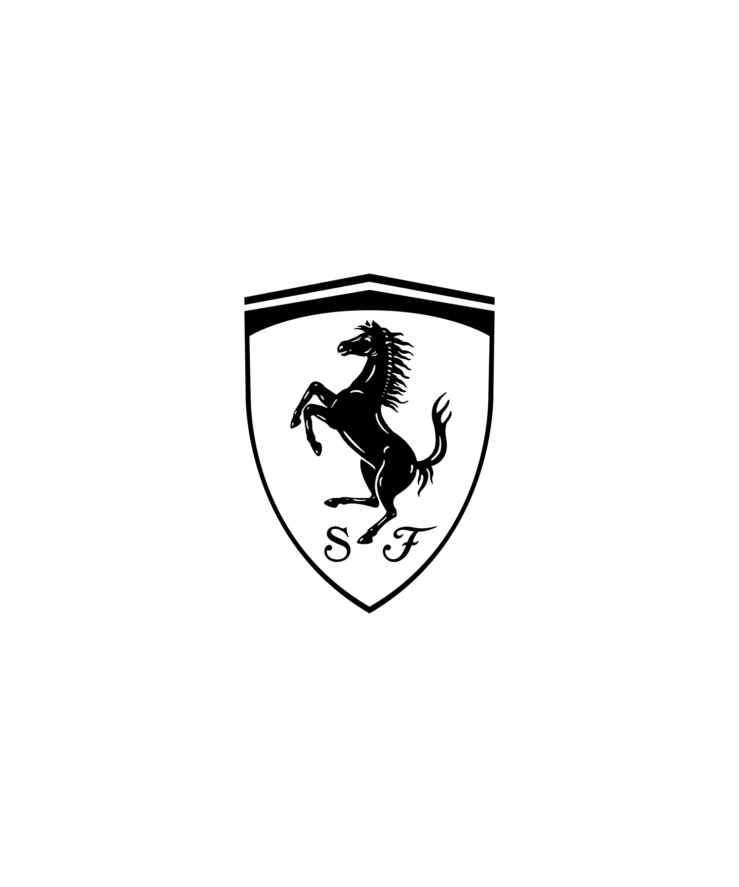 Black Ferrari F1 logo featuring the iconic prancing horse in a bold, dynamic stance, set within a black shield. The design highlights elegance and speed, with the emblem representing Ferrari's racing heritage